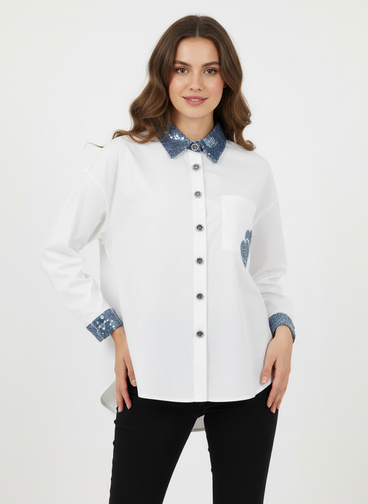 A classic blue asymmetric dress shirt