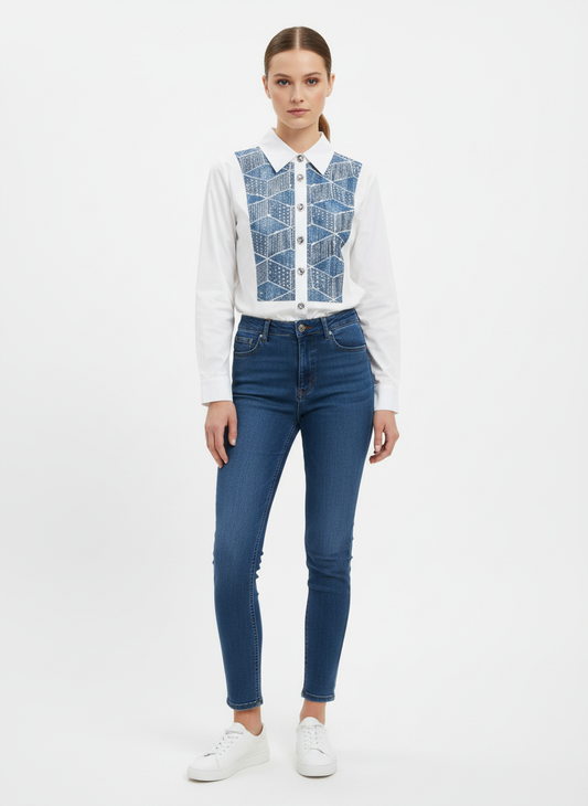 A classic blue asymmetric dress shirt