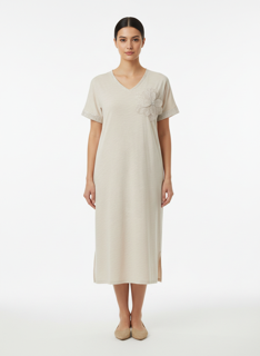 beige dress with flower design