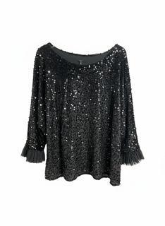Shine with confidence in this stunning deep black sequin top with ruffle cuff.