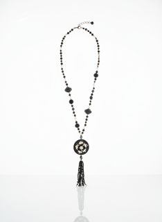 black beaded floral medallion tassel
