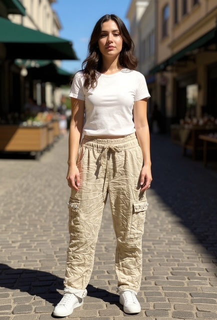 beige cargo magic pants with stones