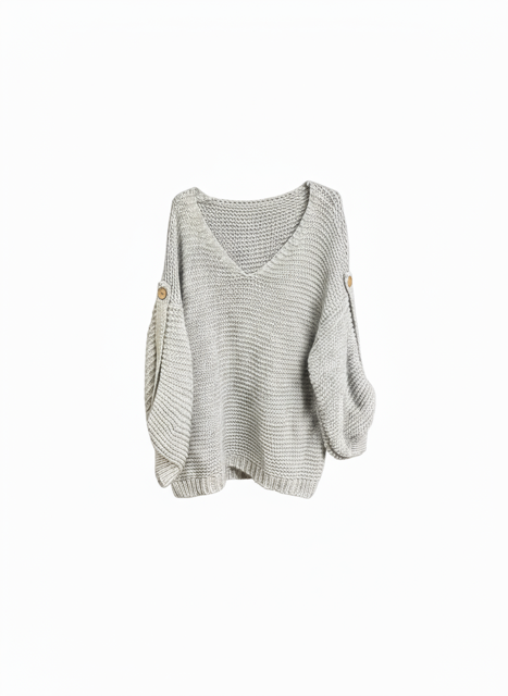 light grey knit sweater with button on sleeve