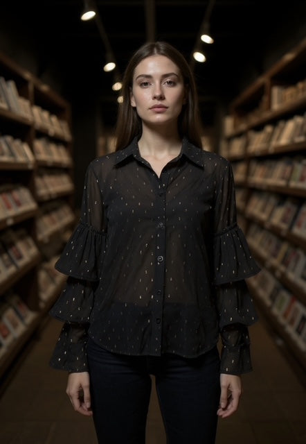 black blouse with ruffle sleeves and gold sparkle