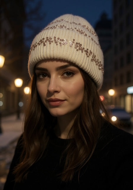 beige sequin winter tuque