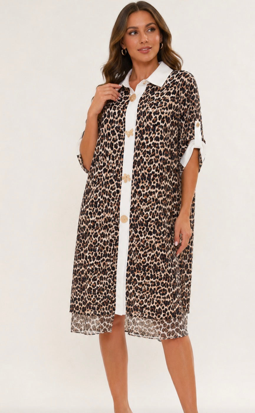 Wild Luxe 100% Cotton Button-Front Leopard Shirt Dress