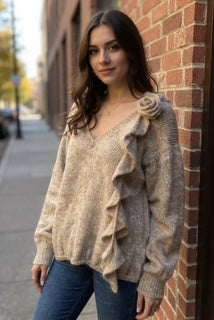 beige flower ruffle sweater