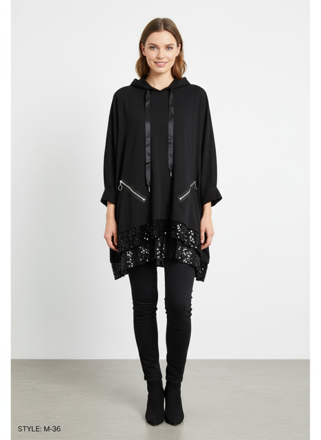 long black hoodie with sequence and zipper