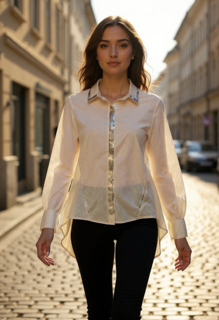 beige high low blouse with foil trim