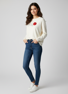 white hello knit sweater