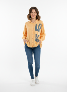 orange denim shirt with pearls