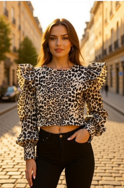 wide shoulder animal print top