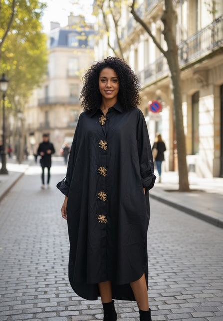 navy ankle length tunic with gold buttons