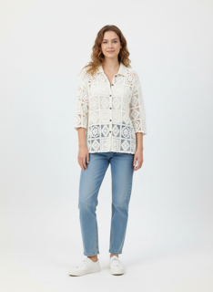 white crochet blouse with buttons