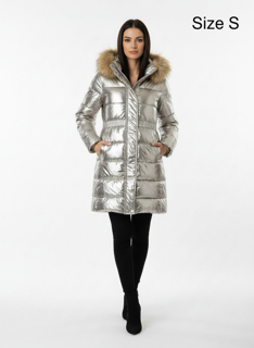Metallic silver winter coat with fur collar size S
