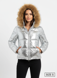 Metallic silver winter coat with fur collar size S