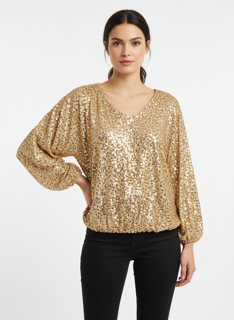 Shine with confidence in this stunning deep gold sequin top.