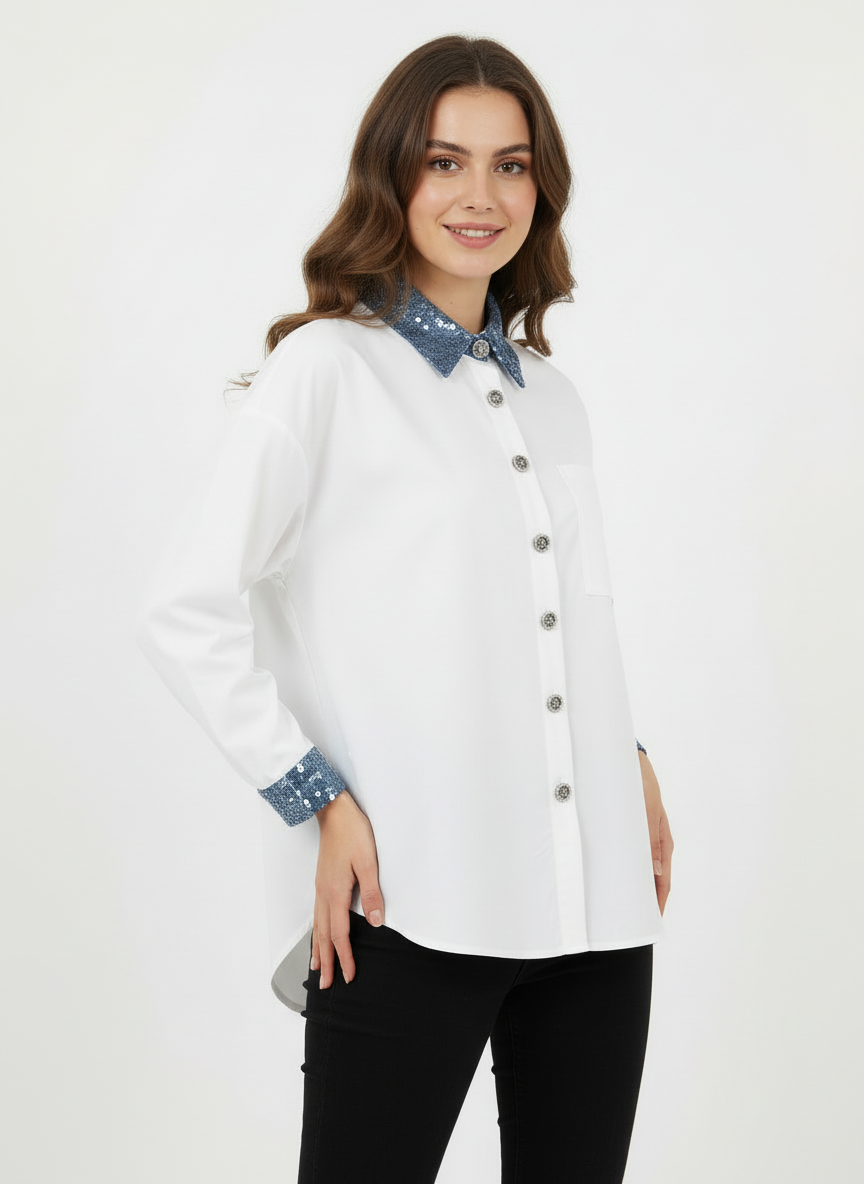 A classic blue asymmetric dress shirt