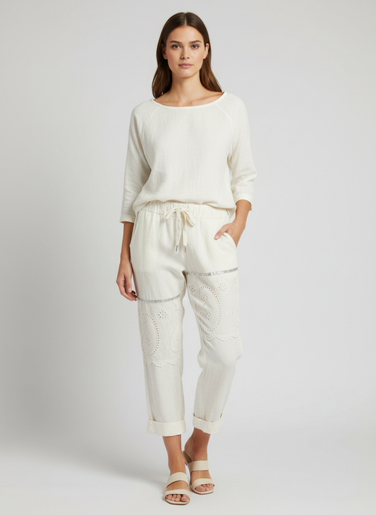 Beige Linen Pants With Eyelet and sequin detail