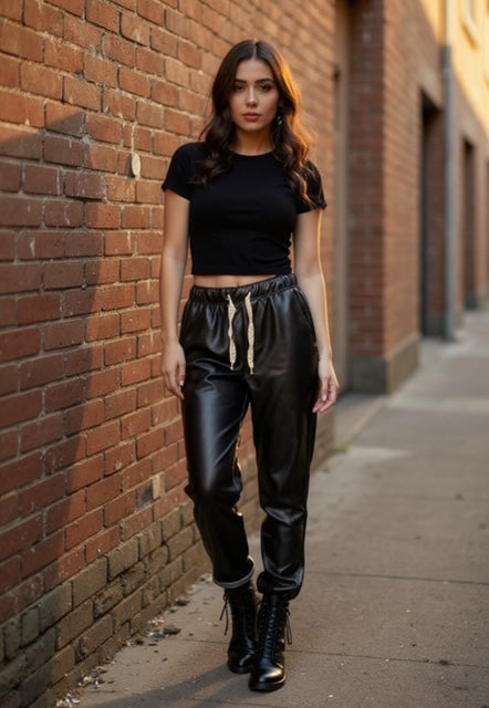 black faux leather pants