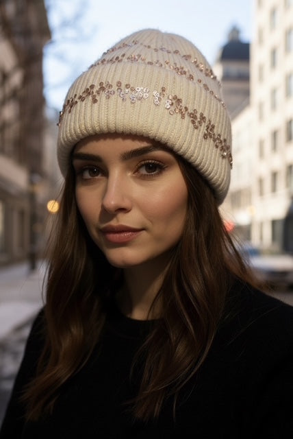 beige sequin winter tuque