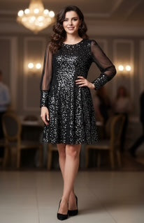 black sequence dress with transparent sleeve