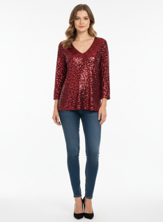 Shine with confidence in this stunning deep burgundy sequin top.