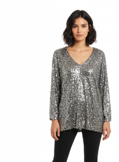 Shine with confidence in this stunning deep grey sequin top.