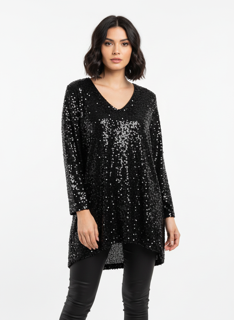 Shine with confidence in this stunning deep black sequin top.