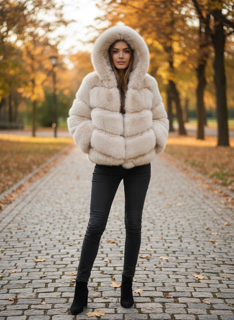 beige fun fur jacket with hoodie
