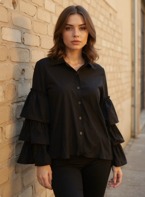 black blouse with ruffle sleeves