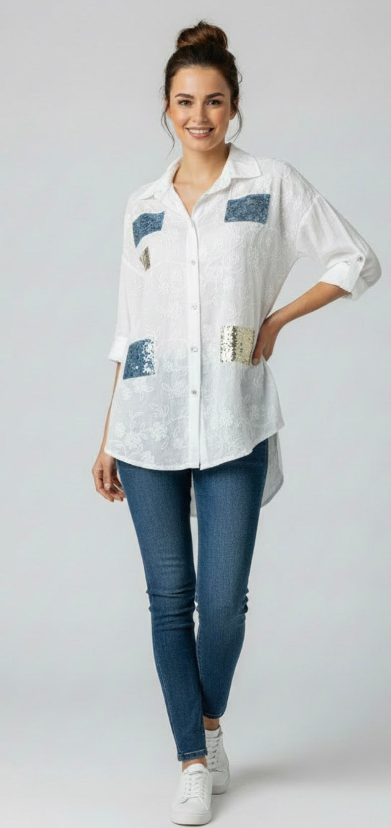 white blouse with sequence patch