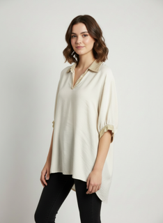 beige blouse with gold metallic trim