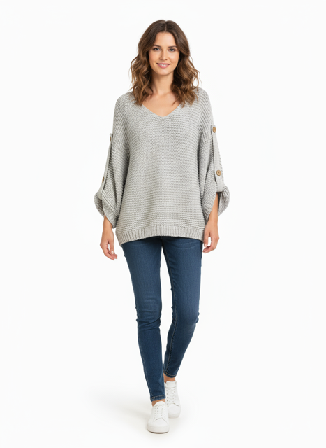 light grey knit sweater with button on sleeve