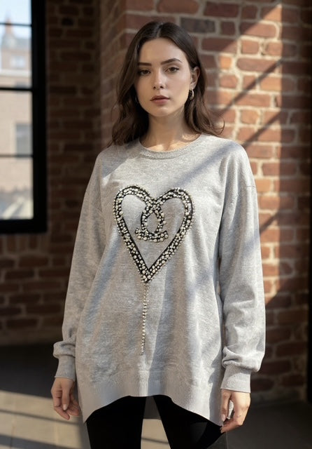 grey top with heart pearl design