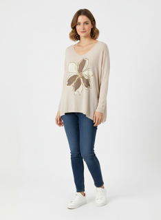 beige flower knit top