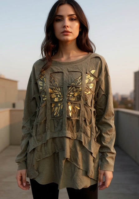 taupe metallic butterfly top