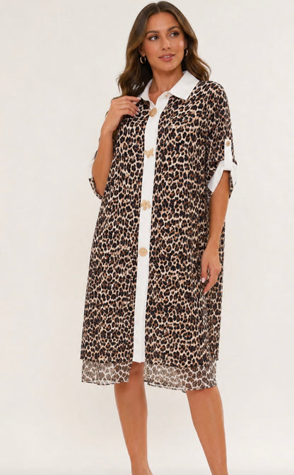 Wild Luxe 100% Cotton Button-Front Leopard Shirt Dress