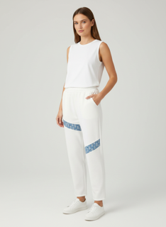 white joggers with blue detail stripe