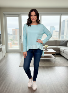 turquoise top with stripe detail