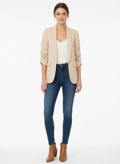 beige blazer with ruffle sleeves