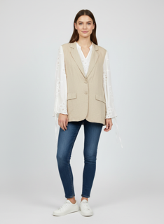 beige blazer with lace sleeves
