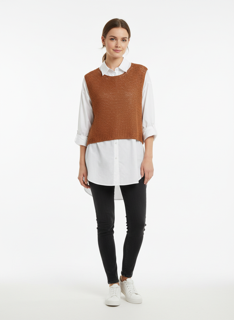 terracotta vest with white blouse