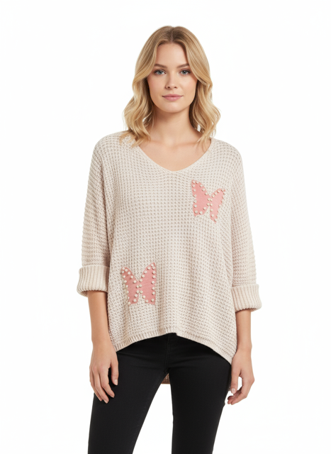 light pink butterfly sweater with pearls