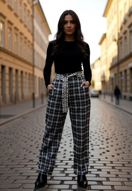 black and white checkered pants with belt