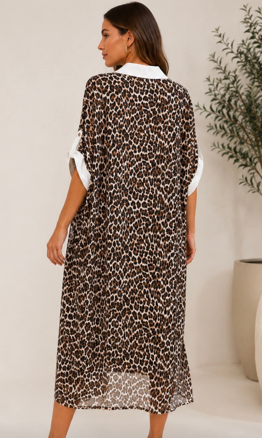 Wild Luxe 100% Cotton Button-Front Leopard Shirt Dress