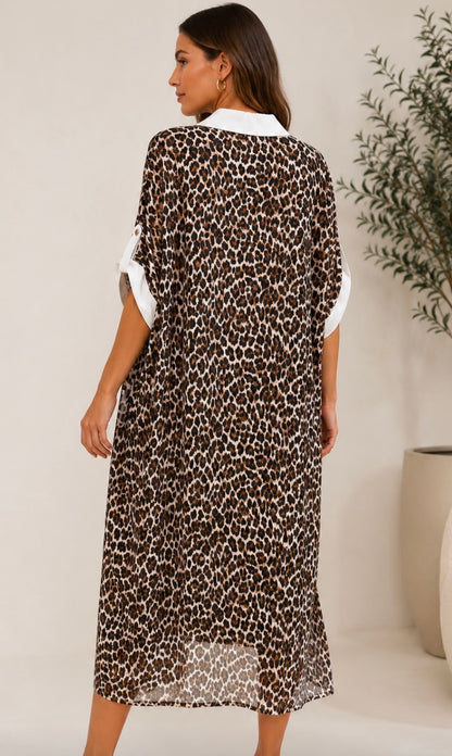 Wild Luxe 100% Cotton Button-Front Leopard Shirt Dress