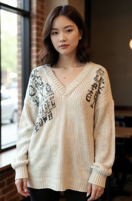 beige long knit sweater with print