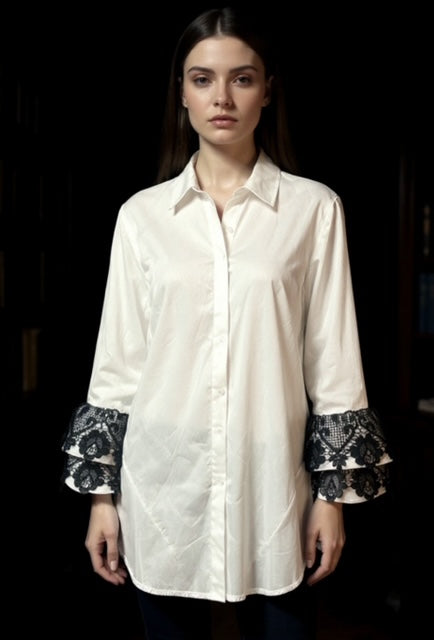 oversize white dress shirt with fluffy black lace sleeves