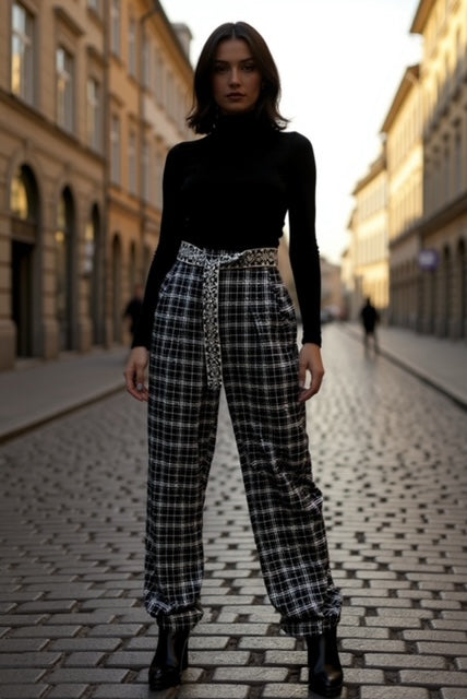 black and white checkered pants with belt